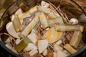 A pot of Cantonese traditional herbal tea, choke root sugar cane water