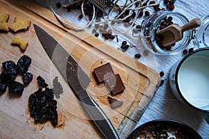 Pot cheese breackfast with chocolate, dried prune and homemade cake.