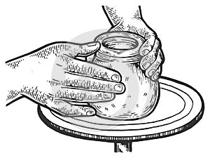 Pot of clay on potters wheel engraving vector