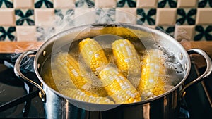A pot of corn on the cob being cooked in a pan, AI