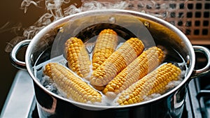 A pot of corn on the cob being cooked in a pan, AI