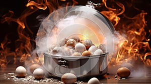 Pot of eggs amidst flames and smoke. Concept of cooking danger, kitchen mishap, culinary disaster, high heat