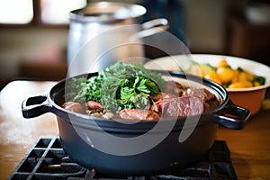 pot of feijoada on a rustic wood-fired stove, bubbling hot