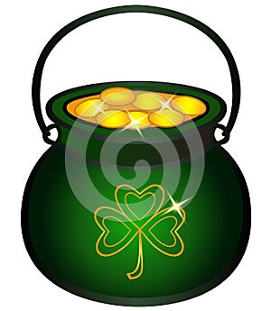 Pot filled with gold coins. Cauldron with gold, Celtic mythology, Irish holidays.