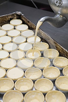 Pot filling egg pudding into row of puff