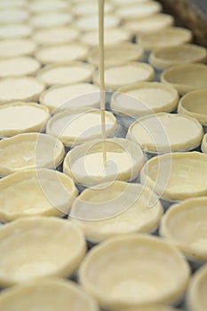 Pot filling egg pudding into row of puff