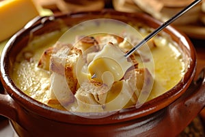 pot of fondue, a Swiss melted cheese dish with bread cubes, served on a long fork, dipped into the cheese, in the style