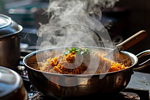 A pot of food emits steam as it cooks, creating a captivating visual of heat and flavors infusing together, A pot of biryani being