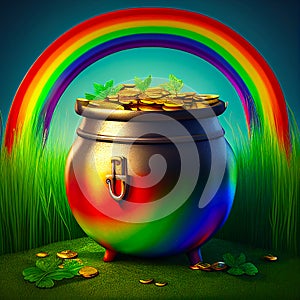 Pot full of gold coins at the end of a rainbow.