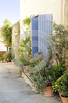 Pot garden in a narrow street, typical in southern Europe, Ansou