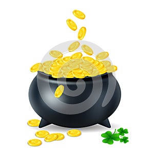 Pot with gold coin for Patrick`s day. vector illustration on white background EPS10