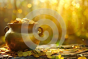 Pot of gold coins on blurred nature golden background. Golden coins in the pot