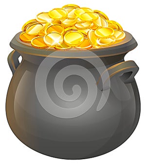 Pot of gold coins. Full cauldron of gold