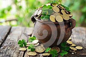 Pot of gold coins and Green Four Leaf Clovers Saint Patrick\'s Day theme