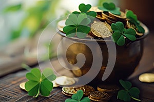 Pot of gold coins and Green Four Leaf Clovers Saint Patrick\'s Day theme