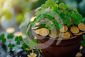 Pot of gold coins and Green Four Leaf Clovers Saint Patrick\'s Day theme