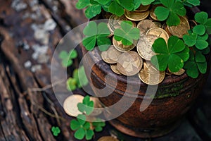 Pot of gold coins and Green Four Leaf Clovers Saint Patrick\'s Day theme