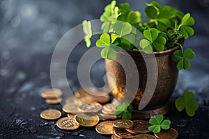 Pot of gold coins and Green Four Leaf Clovers Saint Patrick\'s Day theme