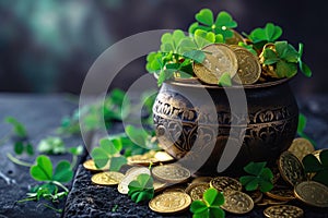 Pot of gold coins and Green Four Leaf Clovers Saint Patrick\'s Day theme