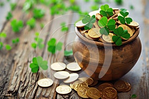 Pot of gold coins and Green Four Leaf Clovers Saint Patrick\'s Day theme