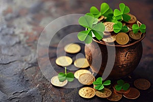 Pot of gold coins and Green Four Leaf Clovers Saint Patrick\'s Day theme