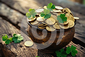 Pot of gold coins and Green Four Leaf Clovers Saint Patrick\'s Day theme