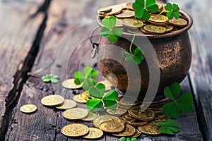 Pot of gold coins and Green Four Leaf Clovers Saint Patrick\'s Day theme