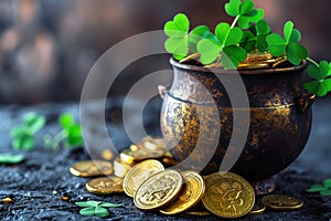 Pot of gold coins and Green Four Leaf Clovers Saint Patrick\'s Day theme