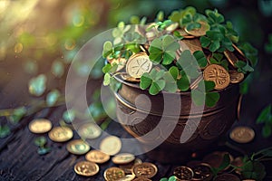 Pot of gold coins and Green Four Leaf Clovers Saint Patrick\'s Day theme