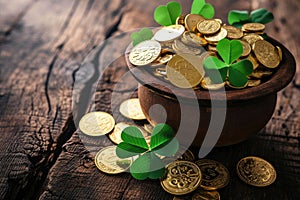 Pot of gold coins and Green Four Leaf Clovers Saint Patrick\'s Day theme