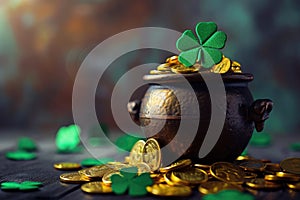 Pot of gold coins and Green Four Leaf Clovers Saint Patrick\'s Day theme
