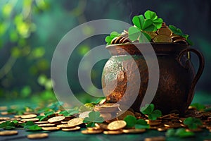 Pot of gold coins and Green Four Leaf Clovers Saint Patrick\'s Day theme