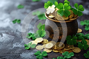 Pot of gold coins and Green Four Leaf Clovers Saint Patrick\'s Day theme