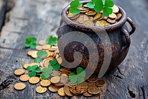 Pot of gold coins and Green Four Leaf Clovers Saint Patrick\'s Day theme