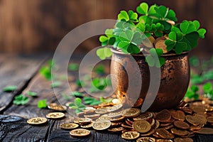 Pot of gold coins and Green Four Leaf Clovers Saint Patrick\'s Day theme