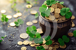 Pot of gold coins and Green Four Leaf Clovers Saint Patrick\'s Day theme