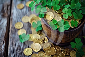 Pot of gold coins and Green Four Leaf Clovers Saint Patrick\'s Day theme