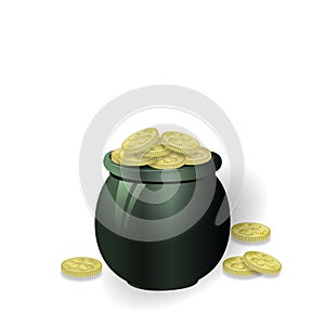 Pot of gold coins. Image of clover. St.Patrick s Day. Isolated on white background. illustration