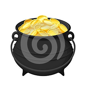 Pot of gold coins isolated on white. Vector illustration.
