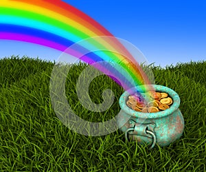 Pot of gold coins on a meadow under the rainbow.