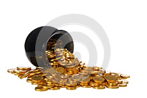 Pot of gold coins spilling over onto white background isolated