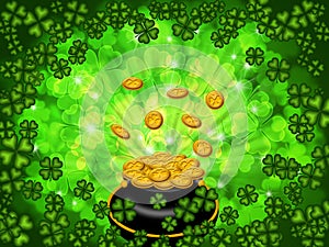 Pot of Gold on Four Leaf Clover Background