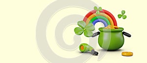 Pot of gold is placed at end of rainbow. 3D coin, pipe, green clover leaves
