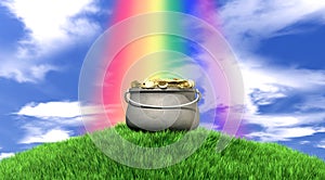 Pot Of Gold And Rainbow On Grassy Hill