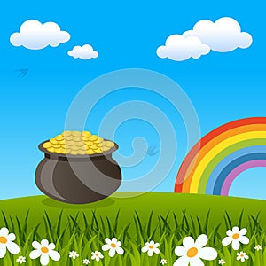 Pot of Gold and Rainbow in a Meadow