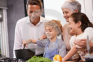 Pot, happy kids or grandparents teaching cooking skills for a healthy dinner with vegetables diet at home. Learning