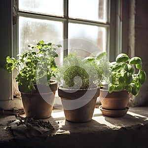pot of herbals arranged on a windowsill