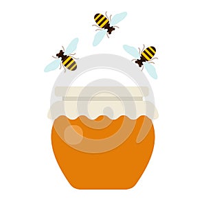 Pot of honey and flying bees flat isolated