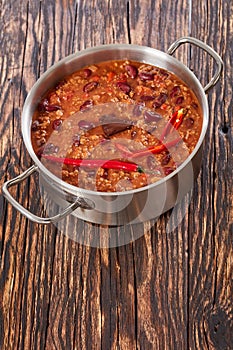 Pot of hot delicious chili con carne