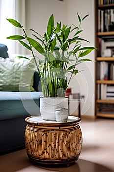 Pot with lucky bamboo plant on table. generative ai